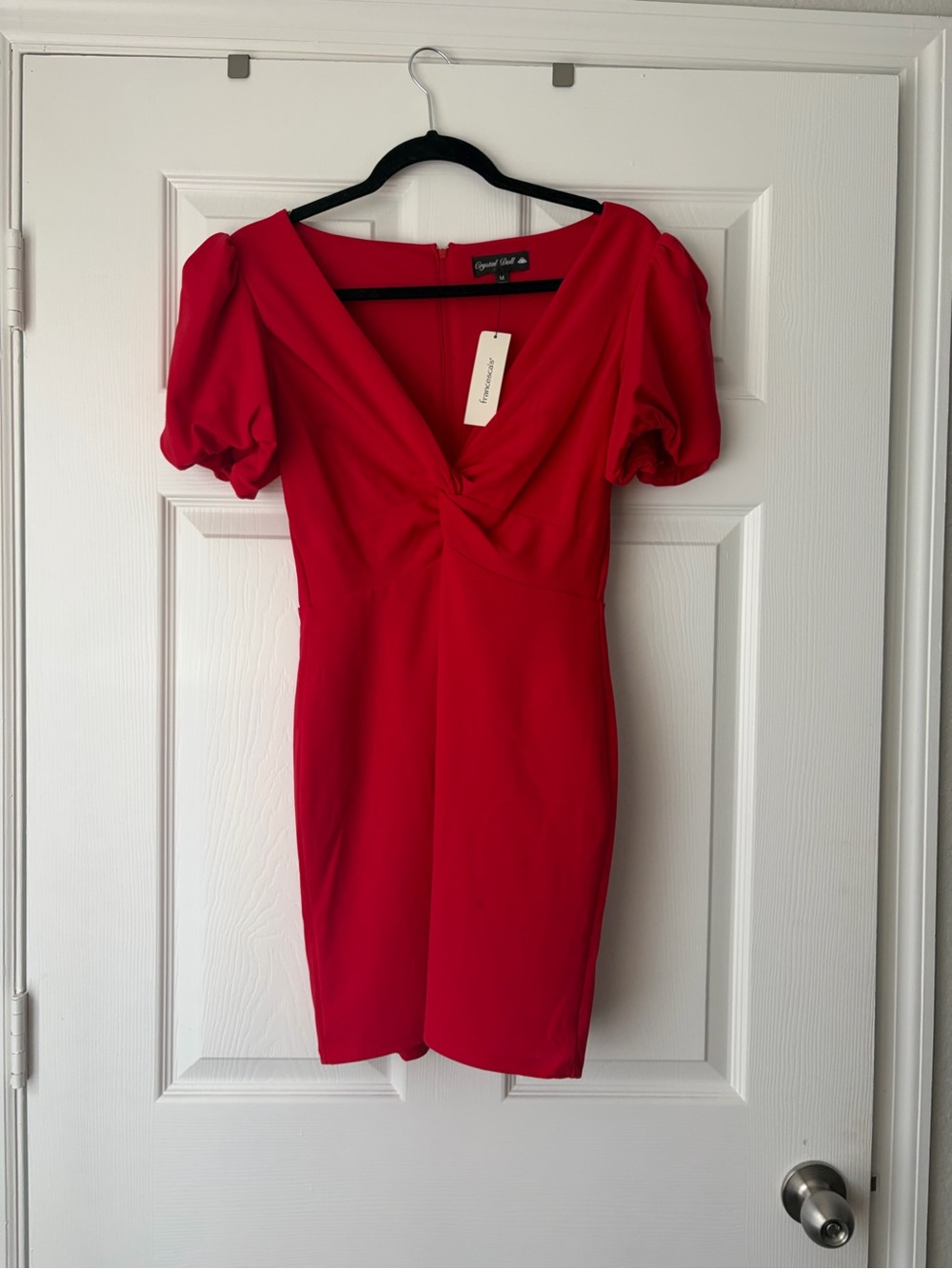 Crystal Doll Red V-Neck Puff Sleeve Mini Dress